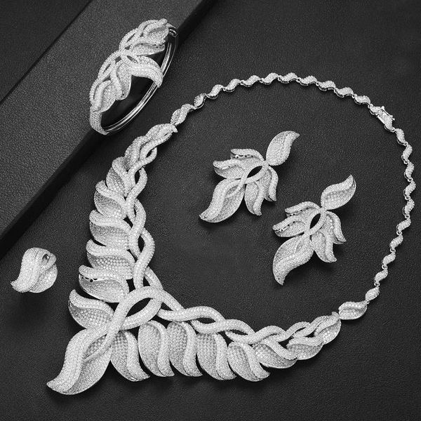 earrings & necklace larrauri trendy cubic zirconia leaves statement gorgeous jewelry sets for women dubai bridal wedding engagement, Silver