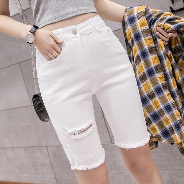 women's shorts white denim summer high waist pierced burr straight capris tight elastic, White;black
women's shorts white denim summer high waist pierced burr straight capris tight elastic, White;black