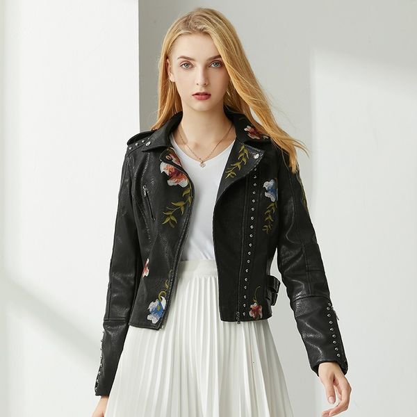 2021 new autumn women floral print embroidery faux leather jacket streetwear punk style pu biker turn down collar black coat cl01
2021 new autumn women floral print embroidery faux leather jacket streetwear punk style pu biker turn down collar black coat cl01