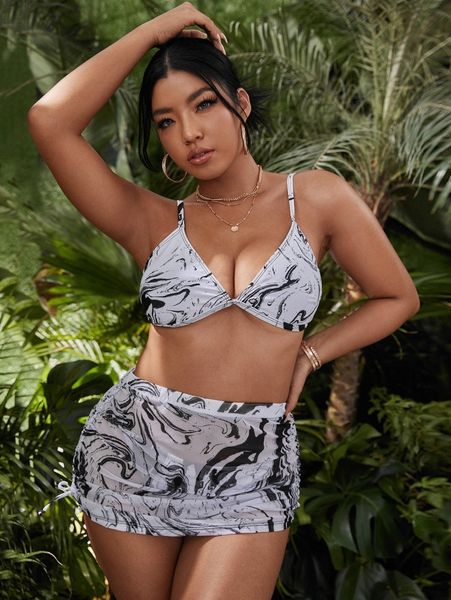 3pack plus marble print bikini swimsuit with beach skirt l20l#, Black