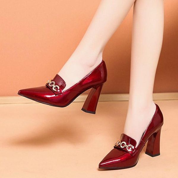 dress shoes high heels pointed toe woman pumps black patent leather chain slip on square heel zapatos mujer luxery women