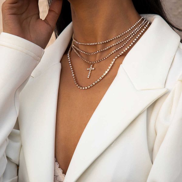 ornament exaggeration punk multi-layer women's simple cross 4-piece diamond chain combination necklace, Silver
ornament exaggeration punk multi-layer women's simple cross 4-piece diamond chain combination necklace, Silver