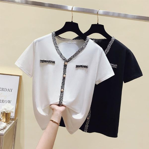 women's t-shirt patchwork pearl button short sleeve cotton t shirt woman loose baggy xl-4xl large plus size summer clothes for women, White
women's t-shirt patchwork pearl button short sleeve cotton t shirt woman loose baggy xl-4xl large plus size summer clothes for women, White