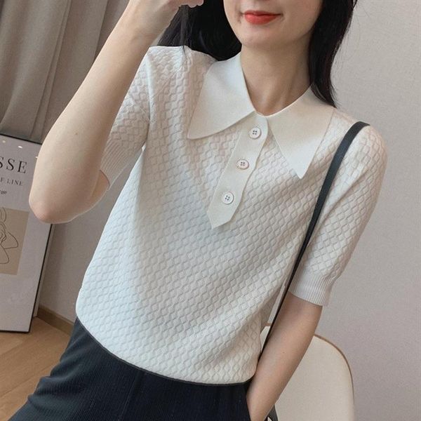 women's t-shirt frseucag 2021 solid color hollow knit lapel short sleeve spring and summer casual cotton thin pullover, White
women's t-shirt frseucag 2021 solid color hollow knit lapel short sleeve spring and summer casual cotton thin pullover, White