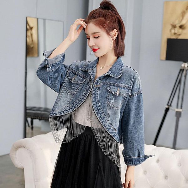 women's jackets spring autumn fringed chain jeans jacket short women korean fashion loose coat girl students streetwear overcoat, Black;brown
women's jackets spring autumn fringed chain jeans jacket short women korean fashion loose coat girl students streetwear overcoat, Black;brown