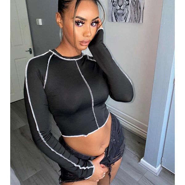women's t-shirt women long sleeve t-shirt, color block navel round neck short slim spring clothing t-shirts, White
women's t-shirt women long sleeve t-shirt, color block navel round neck short slim spring clothing t-shirts, White