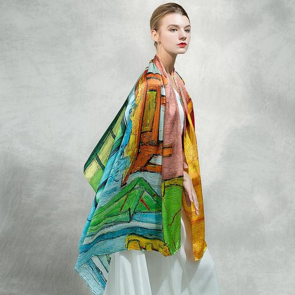 scarves oil painting style 100% mulberry silk printed for women, Blue;gray 
scarves oil painting style 100% mulberry silk printed for women, Blue;gray