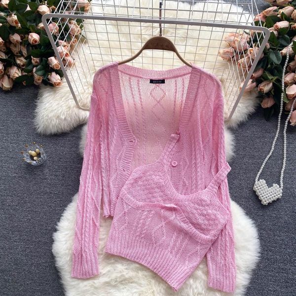 women's knits & tees summer thin knit suit solid color sling vest and short long sleeve knitted cardigan ladies two-piece set aq1235, White
women's knits & tees summer thin knit suit solid color sling vest and short long sleeve knitted cardigan ladies two-piece set aq1235, White