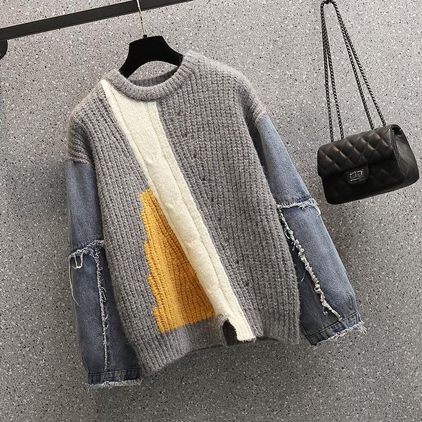 women's sweaters vanovich denim stitched sweater big size 2021 autumn and winter korean style loose design harajuku, White;black
women's sweaters vanovich denim stitched sweater big size 2021 autumn and winter korean style loose design harajuku, White;black