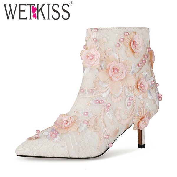 wetkiss party shoes ankle boots handmade flower pearl wedding shoes women lace pointed toe thin med heels booties dress big size 210630, Black
wetkiss party shoes ankle boots handmade flower pearl wedding shoes women lace pointed toe thin med heels booties dress big size 210630, Black