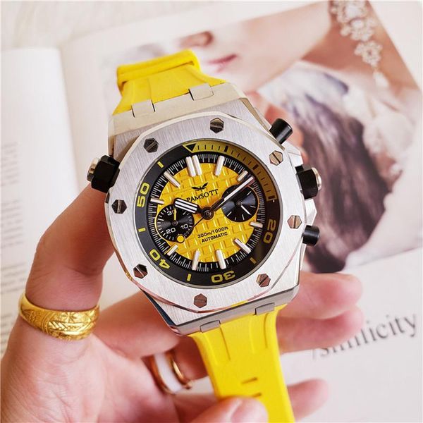 wristwatches men quartz chronograph stainless steel sapphire crystal yellow dial luxury rubber strap watch, Slivery;brown
wristwatches men quartz chronograph stainless steel sapphire crystal yellow dial luxury rubber strap watch, Slivery;brown