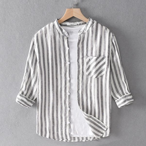 2021 new style 100% linen casual striped three-quarter sleeve comfortable shirts for men stand collar retro shirt mens l3q3, White;black
2021 new style 100% linen casual striped three-quarter sleeve comfortable shirts for men stand collar retro shirt mens l3q3, White;black