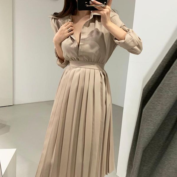 casual dresses jsxdhk korean chic designer autumn pleated dress elegant women shirt collar single breasted office ol lace up bow midi, Black;gray
casual dresses jsxdhk korean chic designer autumn pleated dress elegant women shirt collar single breasted office ol lace up bow midi, Black;gray