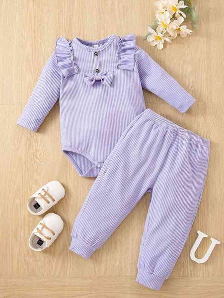 baby ruffle trim bow front bodysuit & sweatpants she, Blue