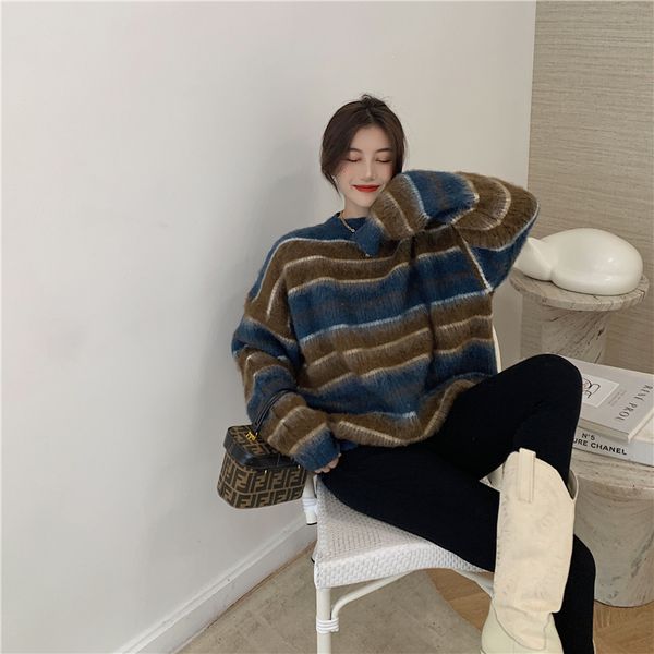 2021 new autumn and winter loose casual all-match color matching striped thickened pullover knitted sweater 67jf, White;black
2021 new autumn and winter loose casual all-match color matching striped thickened pullover knitted sweater 67jf, White;black