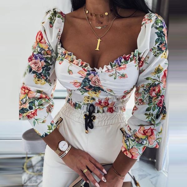 2021 new spring floral print low cut square neck blouse women long sleeve casual blouses streetwear, White
2021 new spring floral print low cut square neck blouse women long sleeve casual blouses streetwear, White