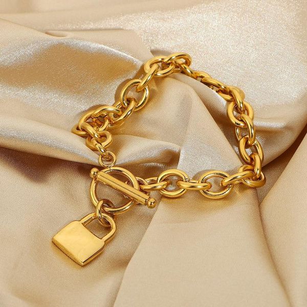 link, chain european and american 18k gold plating stainless steel bracelet metal lock pendant ot buckle fashion hip hop jewelry, Black
link, chain european and american 18k gold plating stainless steel bracelet metal lock pendant ot buckle fashion hip hop jewelry, Black