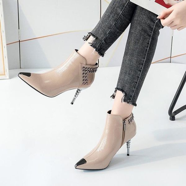 boots patent leather rivet ankle women metal stiletto heel short nightclub pointed toe black beige
boots patent leather rivet ankle women metal stiletto heel short nightclub pointed toe black beige