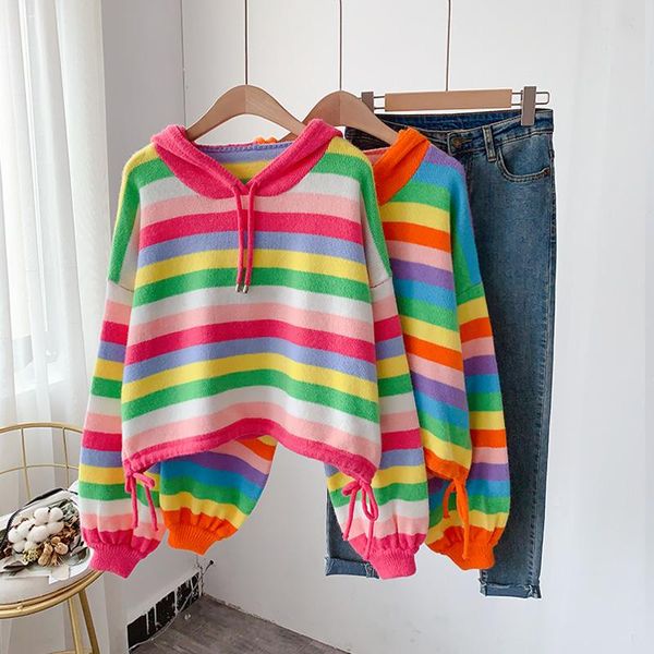 women's sweaters 2021 autumn and winter pullover color sweater women rainbow stripes loose hooded college style short knit top, White;black
women's sweaters 2021 autumn and winter pullover color sweater women rainbow stripes loose hooded college style short knit top, White;black
