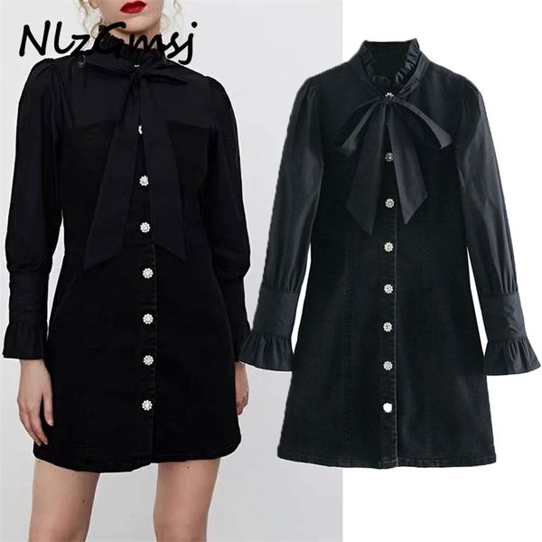 dres vintage denim long sleeve spliced shirts bow tie ruffles chic vestido streetwear 03 210628, Black;gray
dres vintage denim long sleeve spliced shirts bow tie ruffles chic vestido streetwear 03 210628, Black;gray