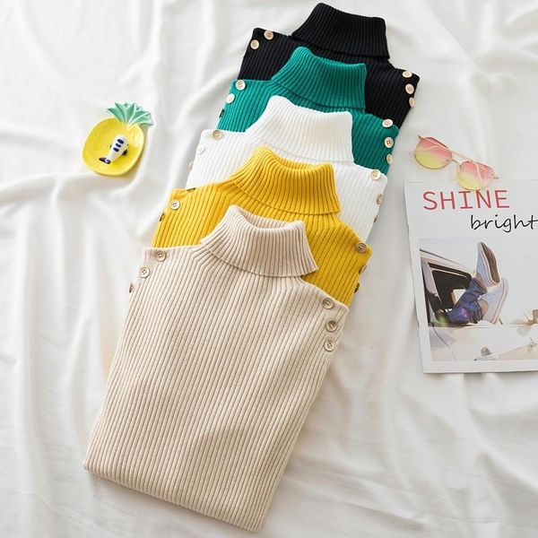 women's sweaters women button turtleneck sweater basic solid knit jumper slim pull femme elasticity winter pullovers, White;black 
women's sweaters women button turtleneck sweater basic solid knit jumper slim pull femme elasticity winter pullovers, White;black