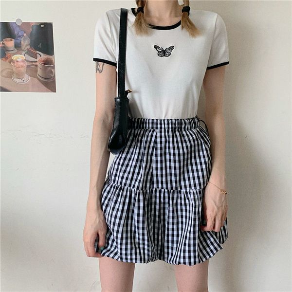 2021 summer new girl butterfly short sleeve shirt black white chess skirt two female pieces q5lg, Black;gray
2021 summer new girl butterfly short sleeve shirt black white chess skirt two female pieces q5lg, Black;gray