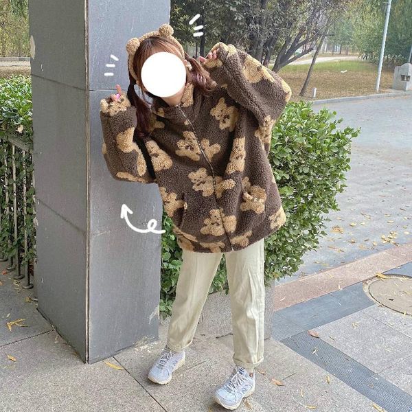 women's fur & faux cute zipper women hoodies 2021 winter loose kawaii girl bear graphic soft teddy coat korea thickened warm pocket jac, Black
women's fur & faux cute zipper women hoodies 2021 winter loose kawaii girl bear graphic soft teddy coat korea thickened warm pocket jac, Black