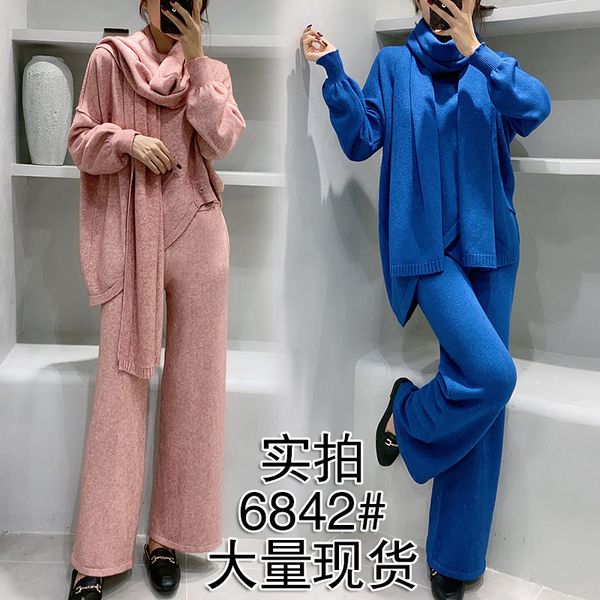women's two piece pants 2021 loose around the neck of knitted or crocheted sweater with large foreign-style legged pants set three wome, White
women's two piece pants 2021 loose around the neck of knitted or crocheted sweater with large foreign-style legged pants set three wome, White