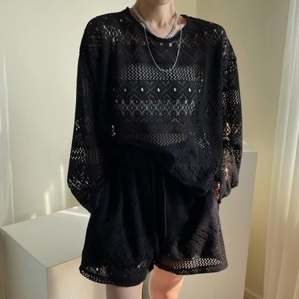 women's tracksuits soft o neck hollowed out perspective loose knit women pullovers + casual wide leg elastic waist shorts two piece se, Gray
women's tracksuits soft o neck hollowed out perspective loose knit women pullovers + casual wide leg elastic waist shorts two piece se, Gray