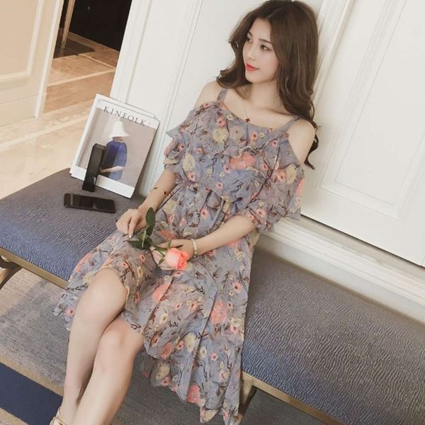 spring and summer sweet one neck suspender floral dress mid length off shoulder chiffon skirt women's holiday swing 669#, Gray
spring and summer sweet one neck suspender floral dress mid length off shoulder chiffon skirt women's holiday swing 669#, Gray