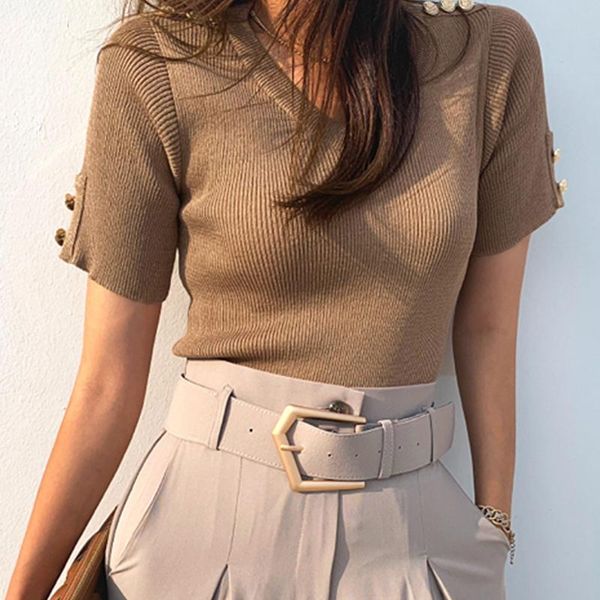 women's t-shirt v-neck knitted button woman retro simple short-sleeved t-shirts women fashion slim thin summer woman's 2021, White
women's t-shirt v-neck knitted button woman retro simple short-sleeved t-shirts women fashion slim thin summer woman's 2021, White