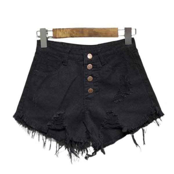 women's shorts ladies denim ripped pockets tattered style high waist button placket, White;black
women's shorts ladies denim ripped pockets tattered style high waist button placket, White;black