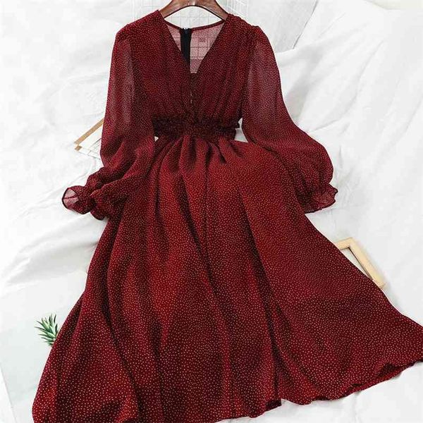 autumn v neck polka dot slim chiffon dress button puff sleeve high waist elegant women mid-calf 210623, Black;gray
autumn v neck polka dot slim chiffon dress button puff sleeve high waist elegant women mid-calf 210623, Black;gray