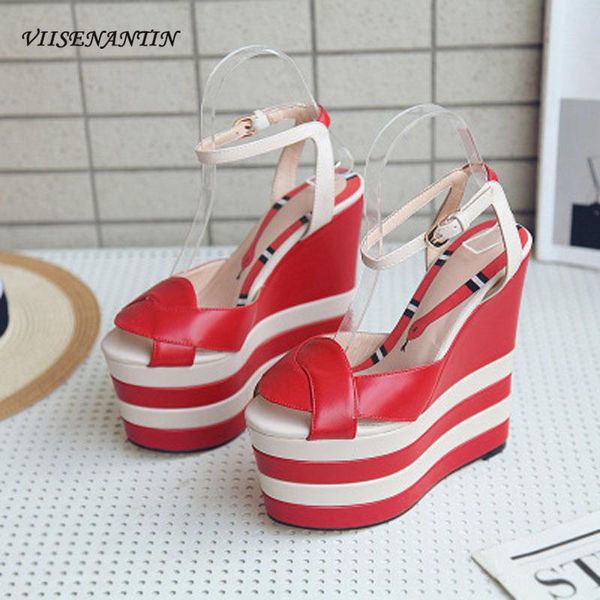 dress shoes wedge heel round toe color matching sandals fish mouth platform sole striped buckle large size super high heels, Black
dress shoes wedge heel round toe color matching sandals fish mouth platform sole striped buckle large size super high heels, Black