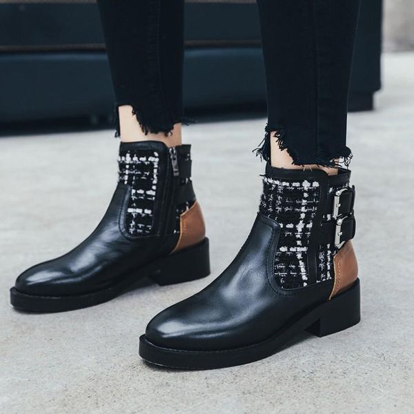 boots women winter genuine leather booties round toe low heel keep warm buckle straps british style european ankle, Black
boots women winter genuine leather booties round toe low heel keep warm buckle straps british style european ankle, Black