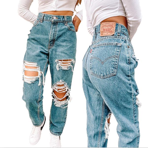 jeans 2021 women's hole fashion casual pants, Blue