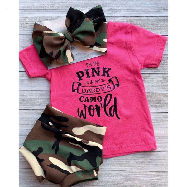 sleeve short summer letter girls' print + camouflage shorts three piece children's wear, White
sleeve short summer letter girls' print + camouflage shorts three piece children's wear, White