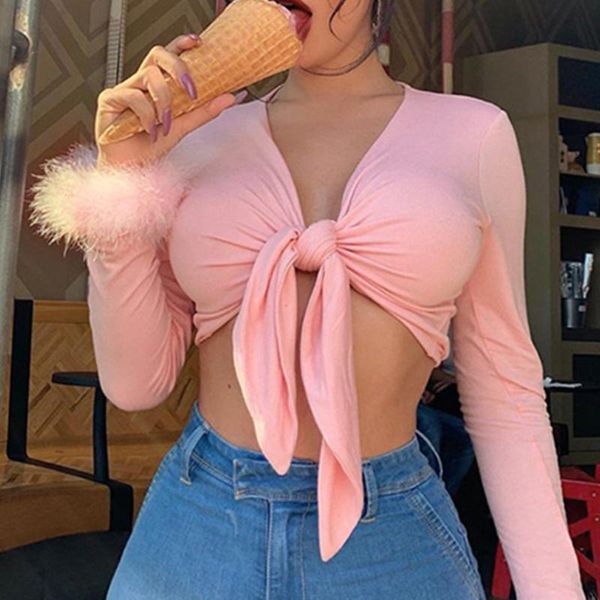 women's t-shirt faux fur long-sleeved lace-up ladies v-neck pink crop 2021 spring streetwear casual wear, White
women's t-shirt faux fur long-sleeved lace-up ladies v-neck pink crop 2021 spring streetwear casual wear, White