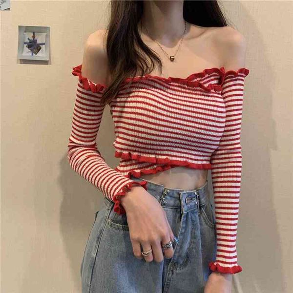 knitted striped sweater shirts girls ruffles crossed slash neck full sleeve cropped sweater pullover crop for female, White;black
knitted striped sweater shirts girls ruffles crossed slash neck full sleeve cropped sweater pullover crop for female, White;black