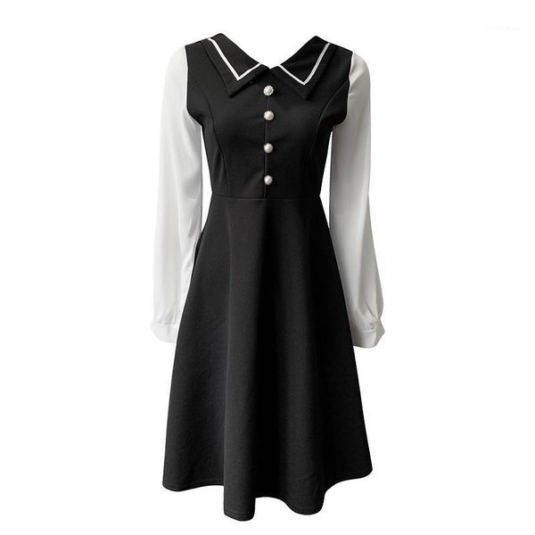 turn down collar long-sleeved black white dress female autumn spring button patchwork chiffon mini elegant chic casual dresses, Black;gray
turn down collar long-sleeved black white dress female autumn spring button patchwork chiffon mini elegant chic casual dresses, Black;gray