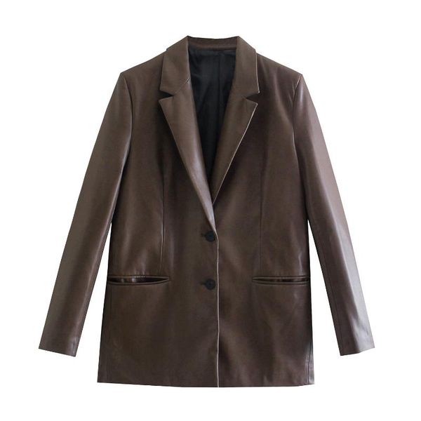 women's leather & faux brown color women fashion pu loose blazer coat vintage pockets long sleeve back vents female outerwear chic, Black
women's leather & faux brown color women fashion pu loose blazer coat vintage pockets long sleeve back vents female outerwear chic, Black