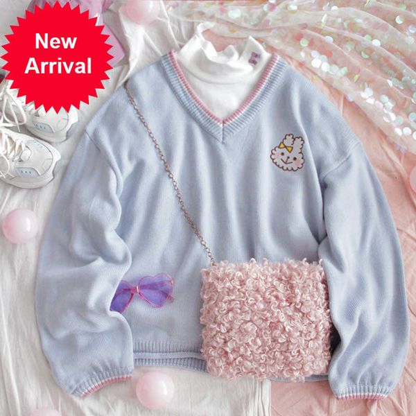 retro v-neck women cute blue sweater kawaii rabbit embroidery girls knitted jumper winter loose female pullover ladies knitwear, White;black
retro v-neck women cute blue sweater kawaii rabbit embroidery girls knitted jumper winter loose female pullover ladies knitwear, White;black