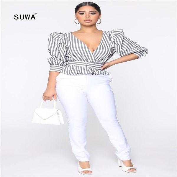 women's blouses & shirts 2021 summer office lady vertical striped ruffles side shirt casual v neck short sleeve tees women classic stre, White
women's blouses & shirts 2021 summer office lady vertical striped ruffles side shirt casual v neck short sleeve tees women classic stre, White