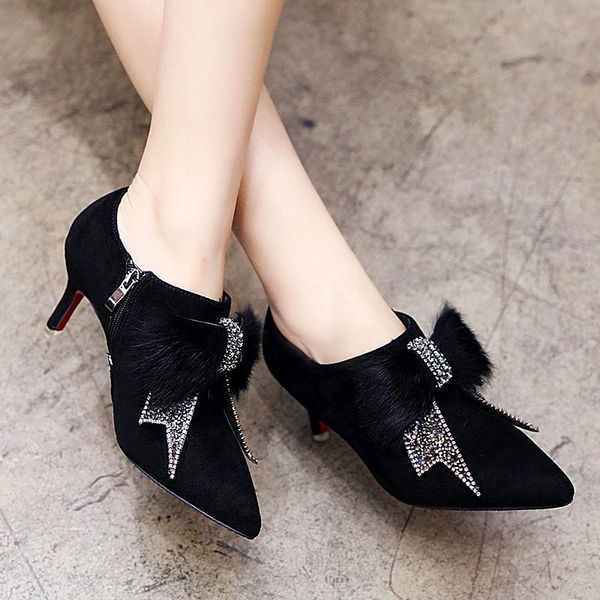 boots 2021 female wild point pointed stiletto fur bow, Black