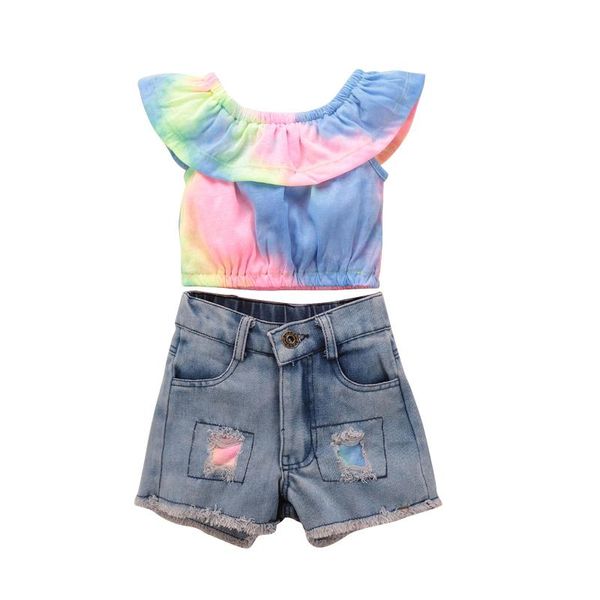 clothing sets girl's 2pcs clothes set sleeveless ruffled boat neck colorful short with ripped jeans for summer suit, White
clothing sets girl's 2pcs clothes set sleeveless ruffled boat neck colorful short with ripped jeans for summer suit, White