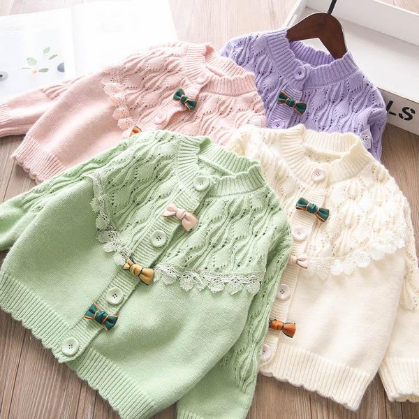 pullover bow lace hollow cardigan girls sweater children's clothing wholesale., Blue