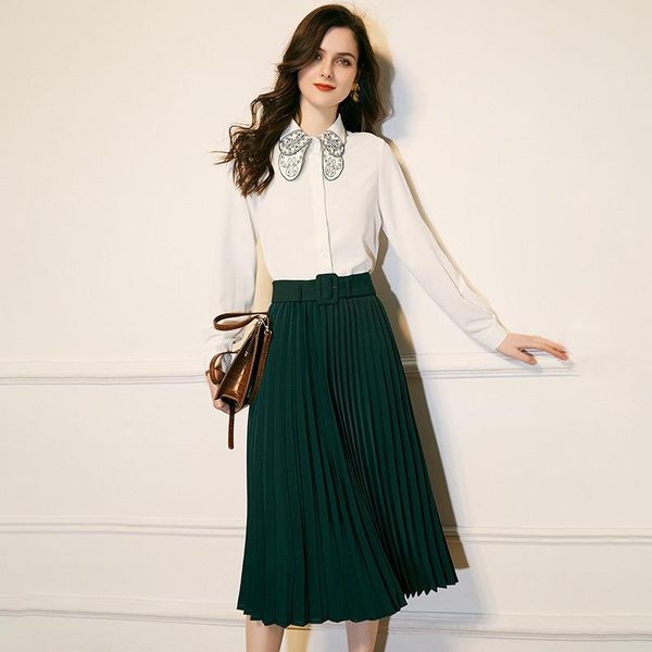 women skirt set office two piece oufits spring 2021 designer embroidery shirts white + long pleated skirts suits green
women skirt set office two piece oufits spring 2021 designer embroidery shirts white + long pleated skirts suits green