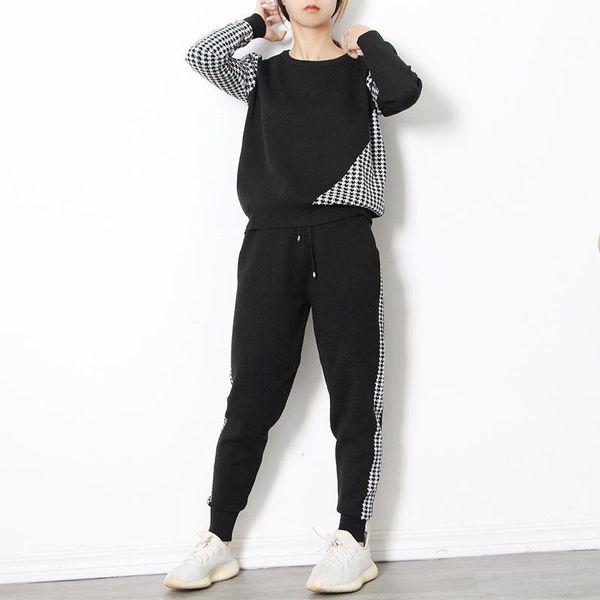women's two piece pants winter fashion temperament leisure round neck thousand bird lattice sweater + high waist straight tube set, White
women's two piece pants winter fashion temperament leisure round neck thousand bird lattice sweater + high waist straight tube set, White