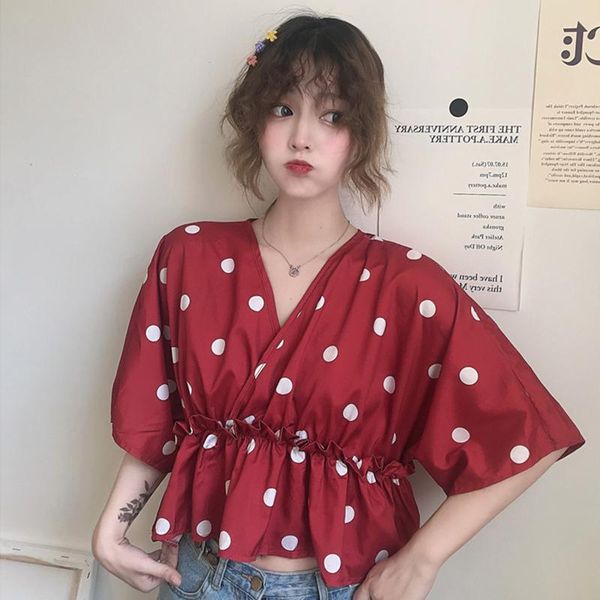women's blouses & shirts japan style sweet fashion vintage blouse polka dot v-neck ruffled crop loose waist chiffon shirt womens cl, White
women's blouses & shirts japan style sweet fashion vintage blouse polka dot v-neck ruffled crop loose waist chiffon shirt womens cl, White