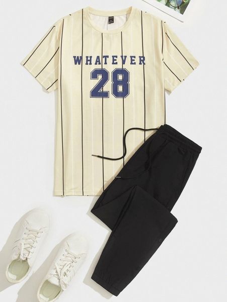 men letter & striped print tee & drawstring waist pants 93hg#, Gray
men letter & striped print tee & drawstring waist pants 93hg#, Gray